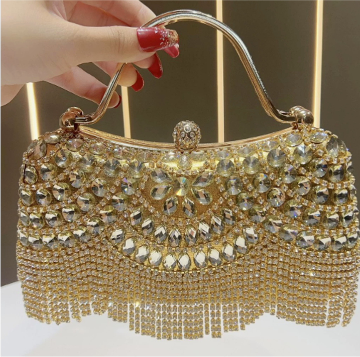 Rhinestone Gemstone Fringe Evening Handbag