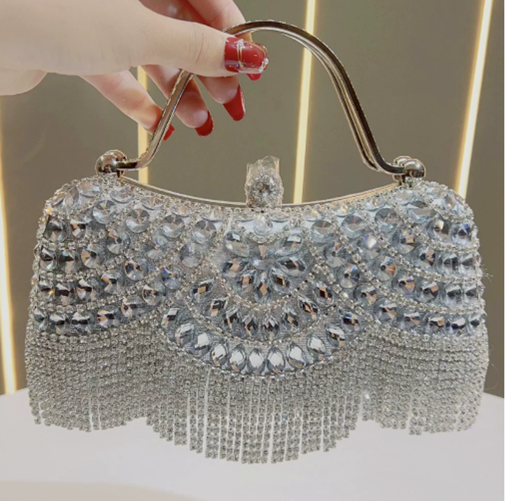 Rhinestone Gemstone Fringe Evening Handbag