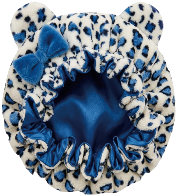 Leopard Print Plush Winter Bonnet with Satin Lining, Ears & Bow