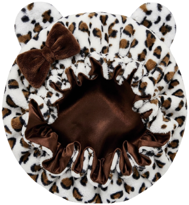 Leopard Print Plush Winter Bonnet with Satin Lining, Ears & Bow